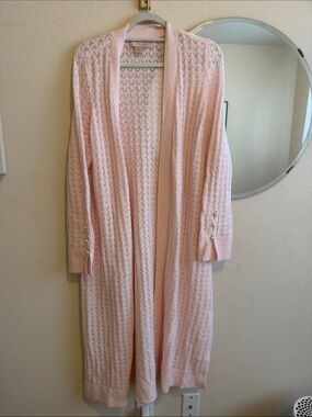 Light Pink Pointelle Open-Front Long Knit Cardigan Sweater